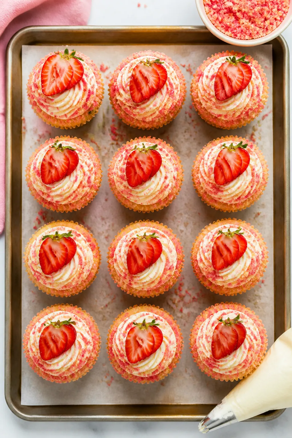 Final presentation top view: Overhead shot of a tidy 3x4 grid of strawberry crunch cupcakes on a par