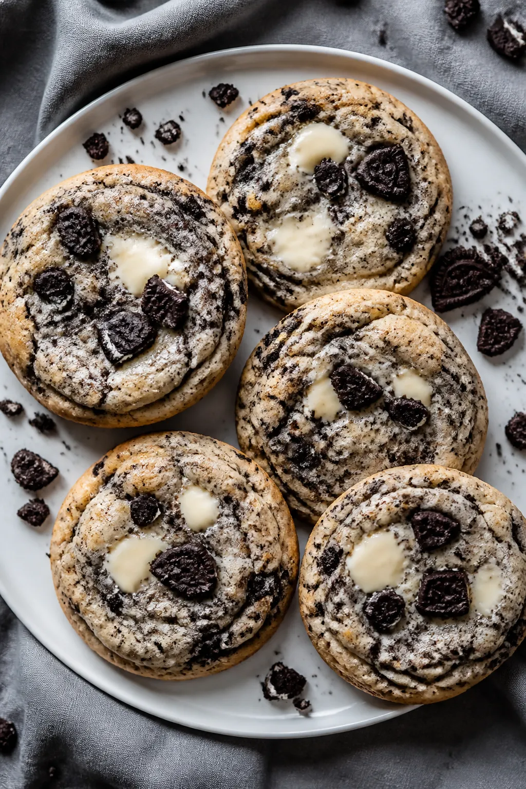 Final presentation top view: Overhead shot of freshly baked Oreo Cheesecake Cookies on a matte white