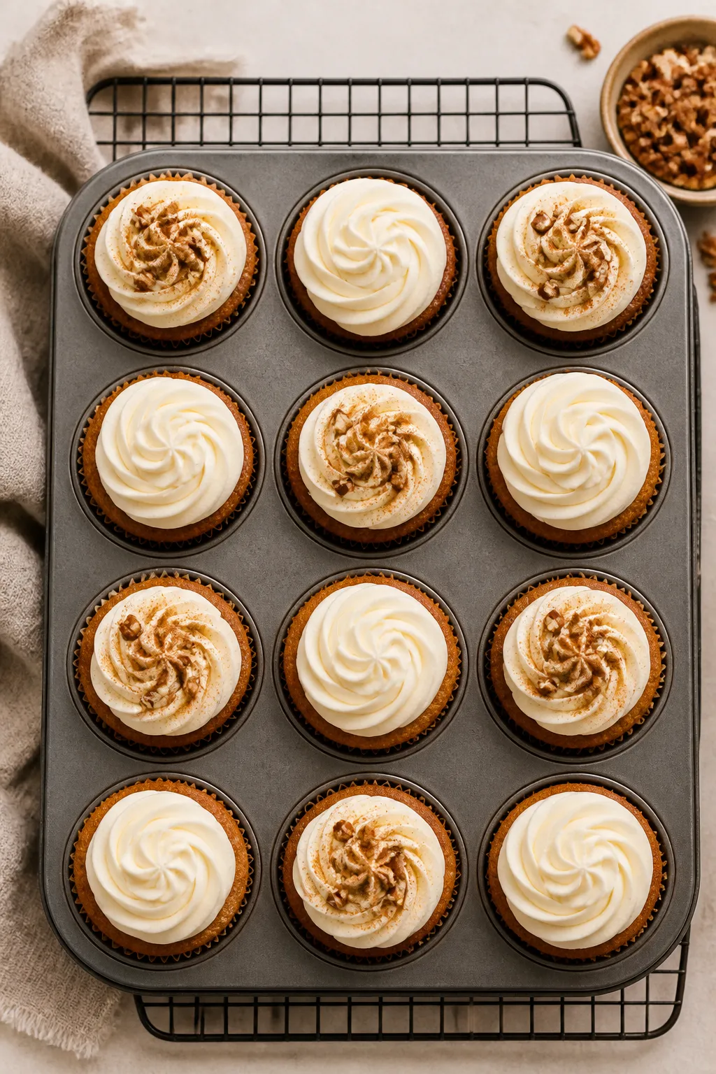 Overhead final presentation: A 12-cup muffin tin filled with fully baked, domed gluten-free carrot c