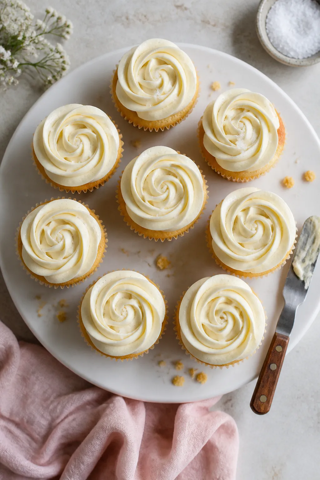 Overhead final presentation: bakery-style vanilla cupcakes topped with thick, defined buttercream ro