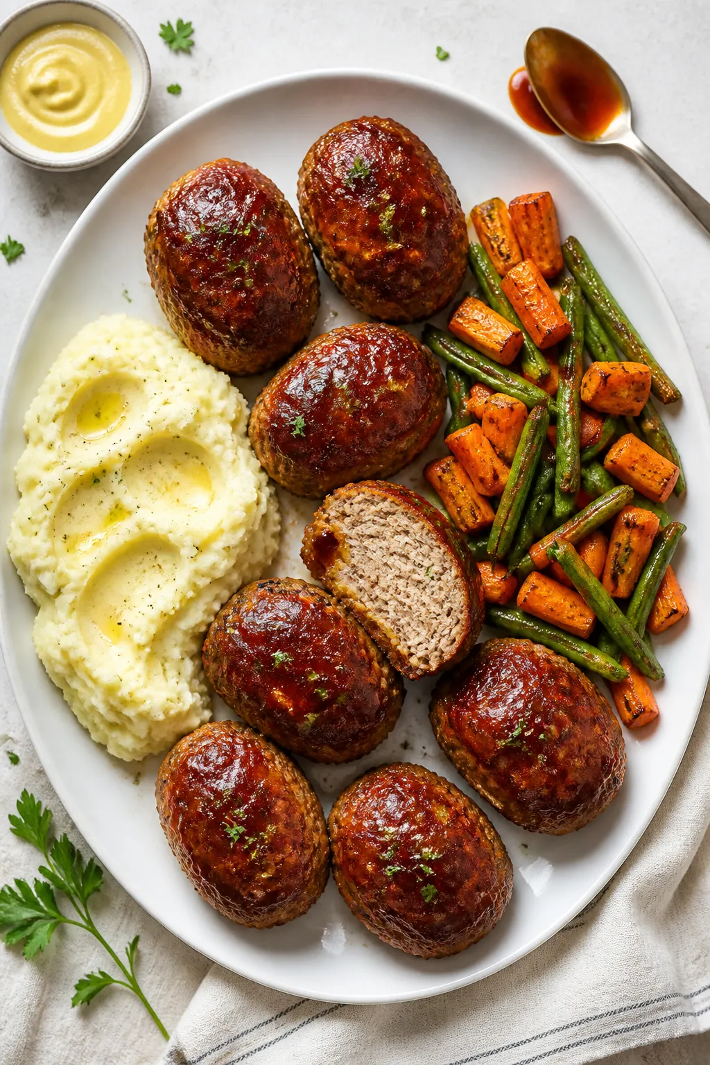Overhead final presentation: eight oval mini meatloaves arranged family-style on a matte white platt