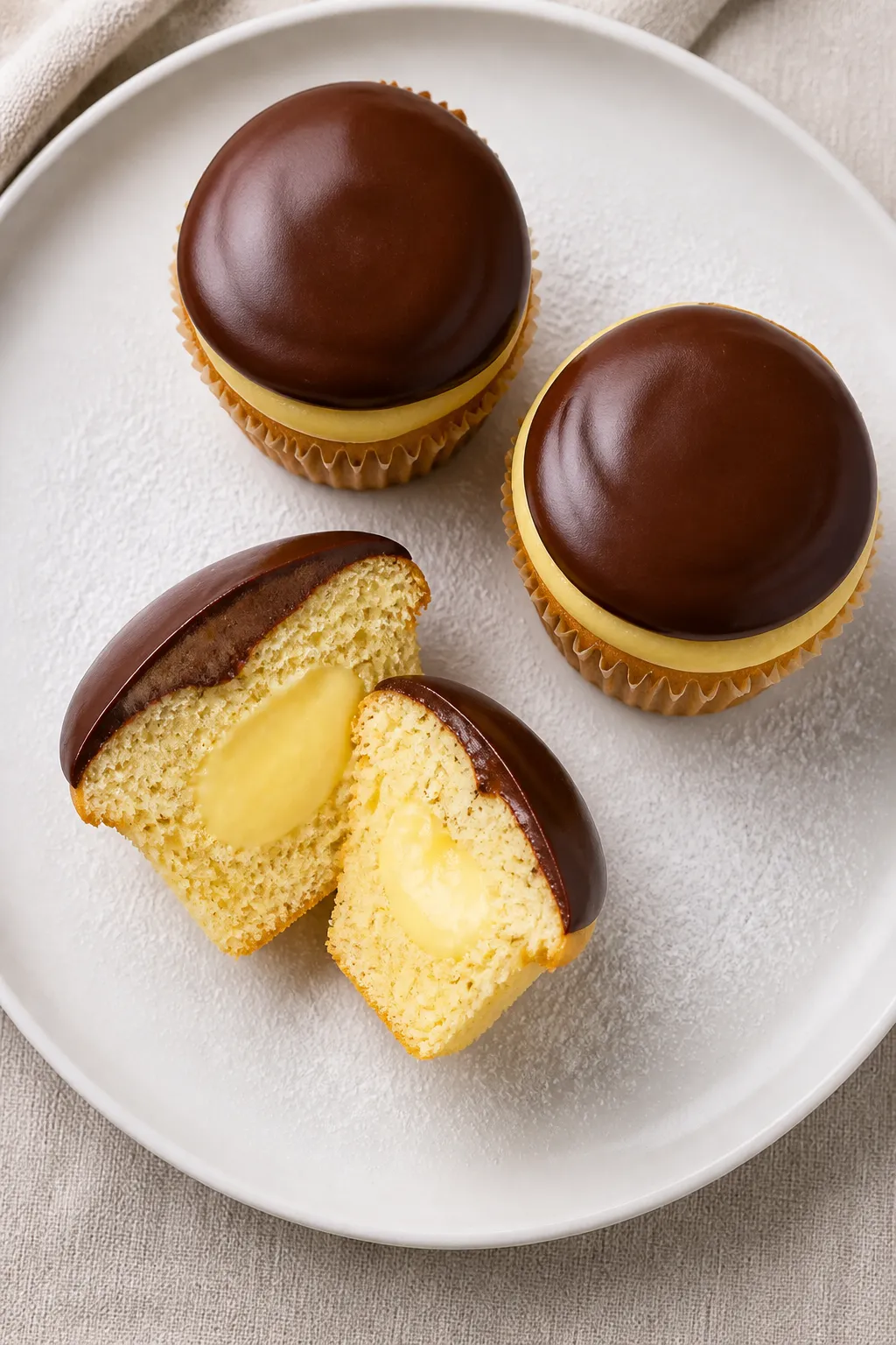 Overhead final presentation of Boston Cream Pie Cupcakes: a trio of fully assembled cupcakes on a ma