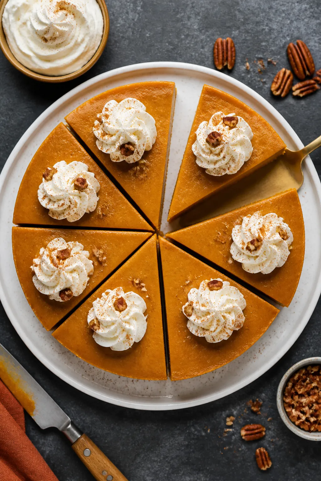 Overhead final presentation of perfectly chilled, sliceable crustless pumpkin pie with ultra-clean s