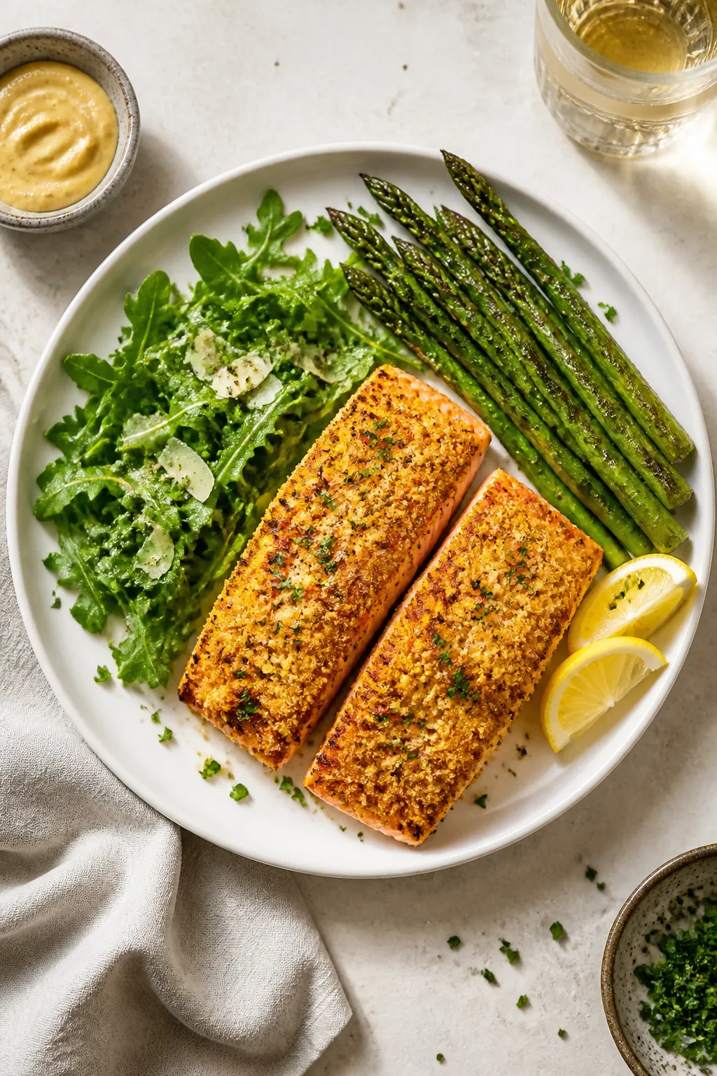 Overhead final presentation of plated parmesan-crusted baked salmon: two fillets with evenly pressed