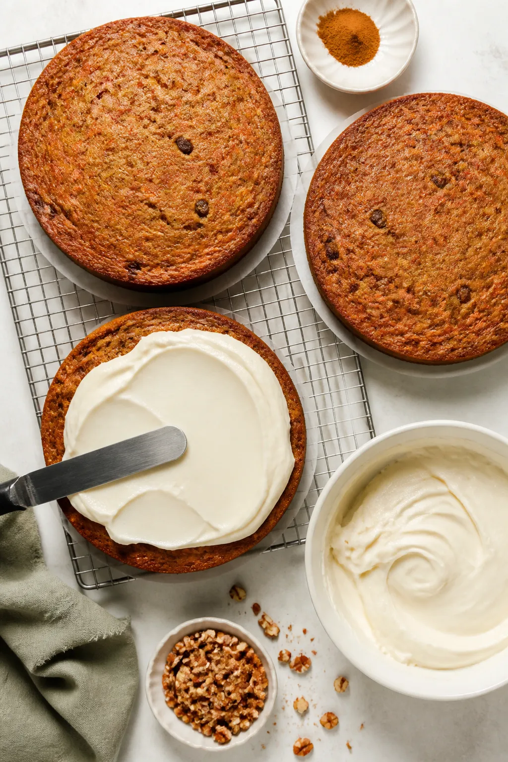 Overhead process shot of the cooled, unfrosted 8-inch round carrot cake layers on a wire rack beside