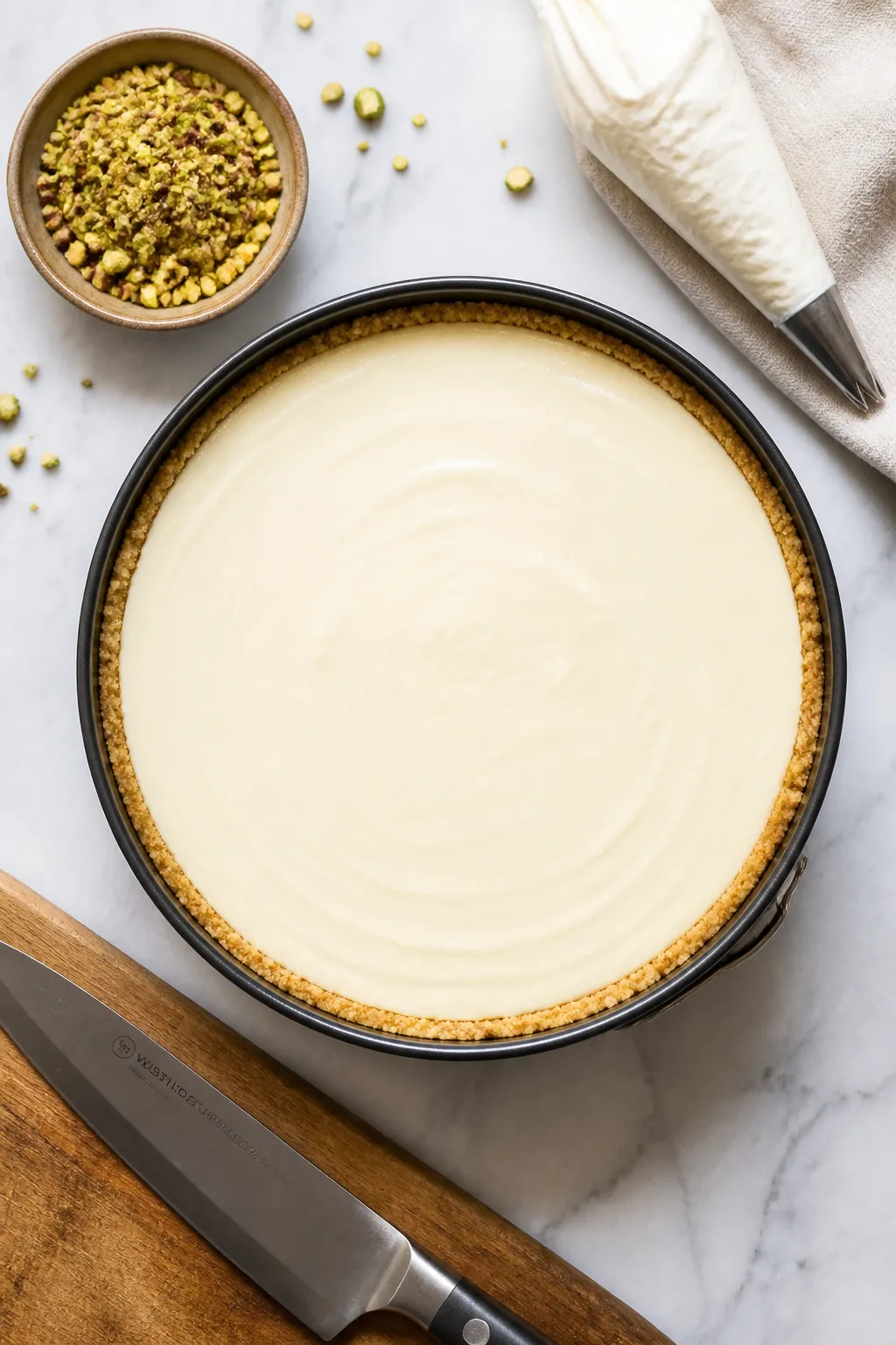 Overhead process shot: The cheesecake in the pan after smoothing the filling—perfectly level, glos
