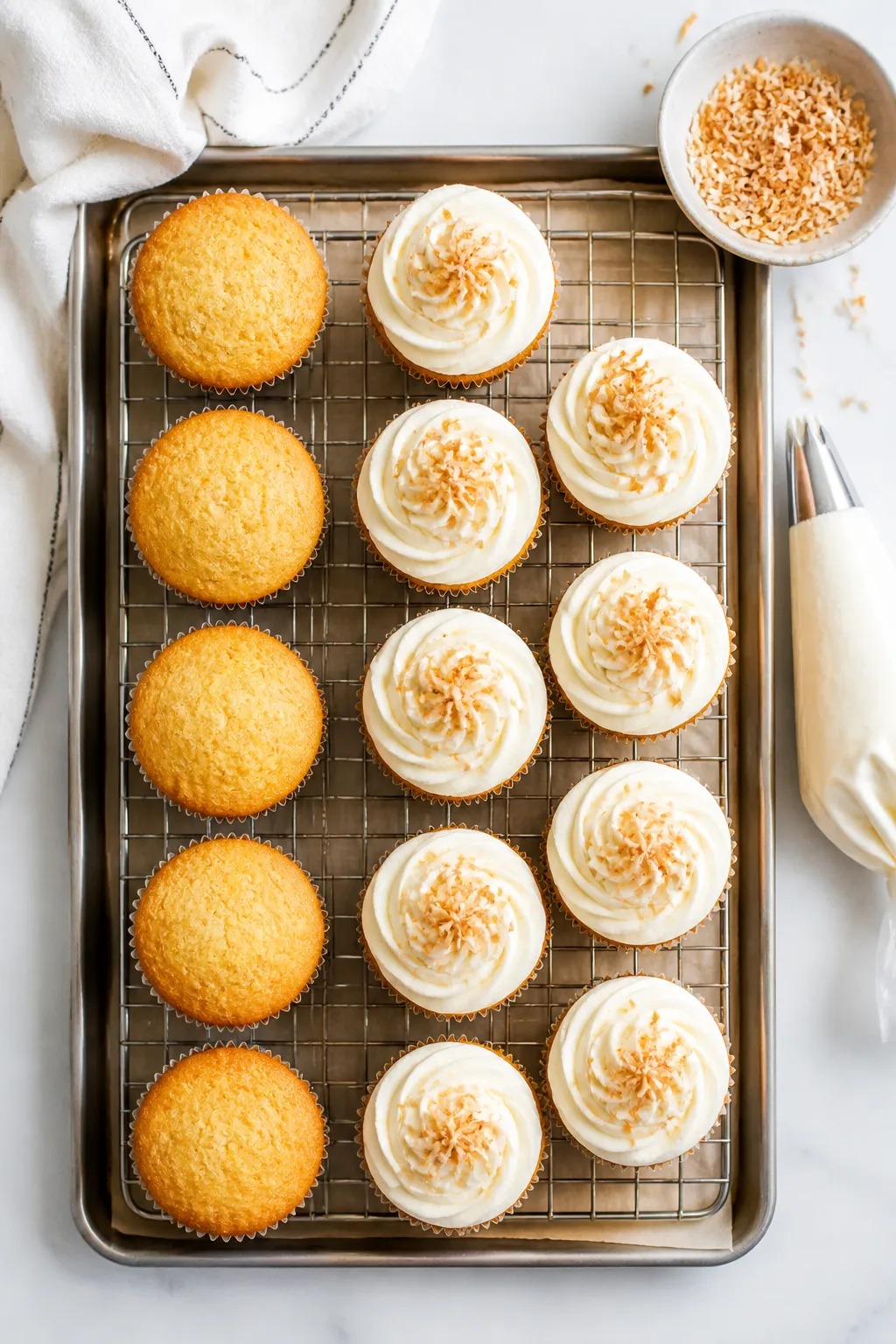 Overhead process-to-final transition shot: A cooling rack set on a parchment-lined sheet pan with a