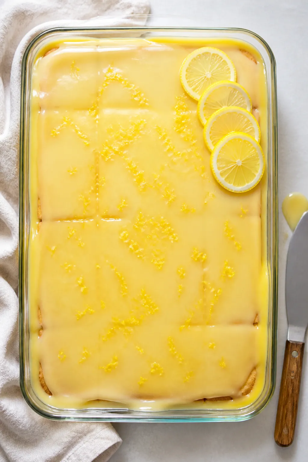 Overhead shot of a chilled no-bake lemon eclair cake in a 9x13 pan right after glazing: smooth, glos