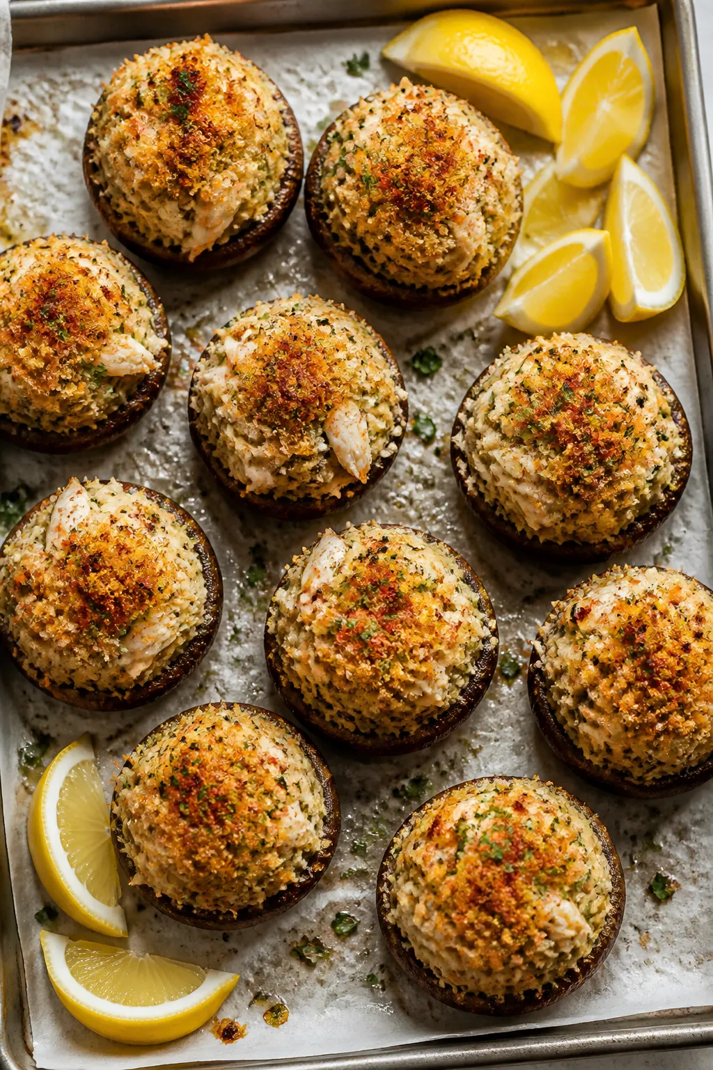 Overhead shot of a parchment-lined baking sheet of freshly baked crab stuffed mushrooms just out of