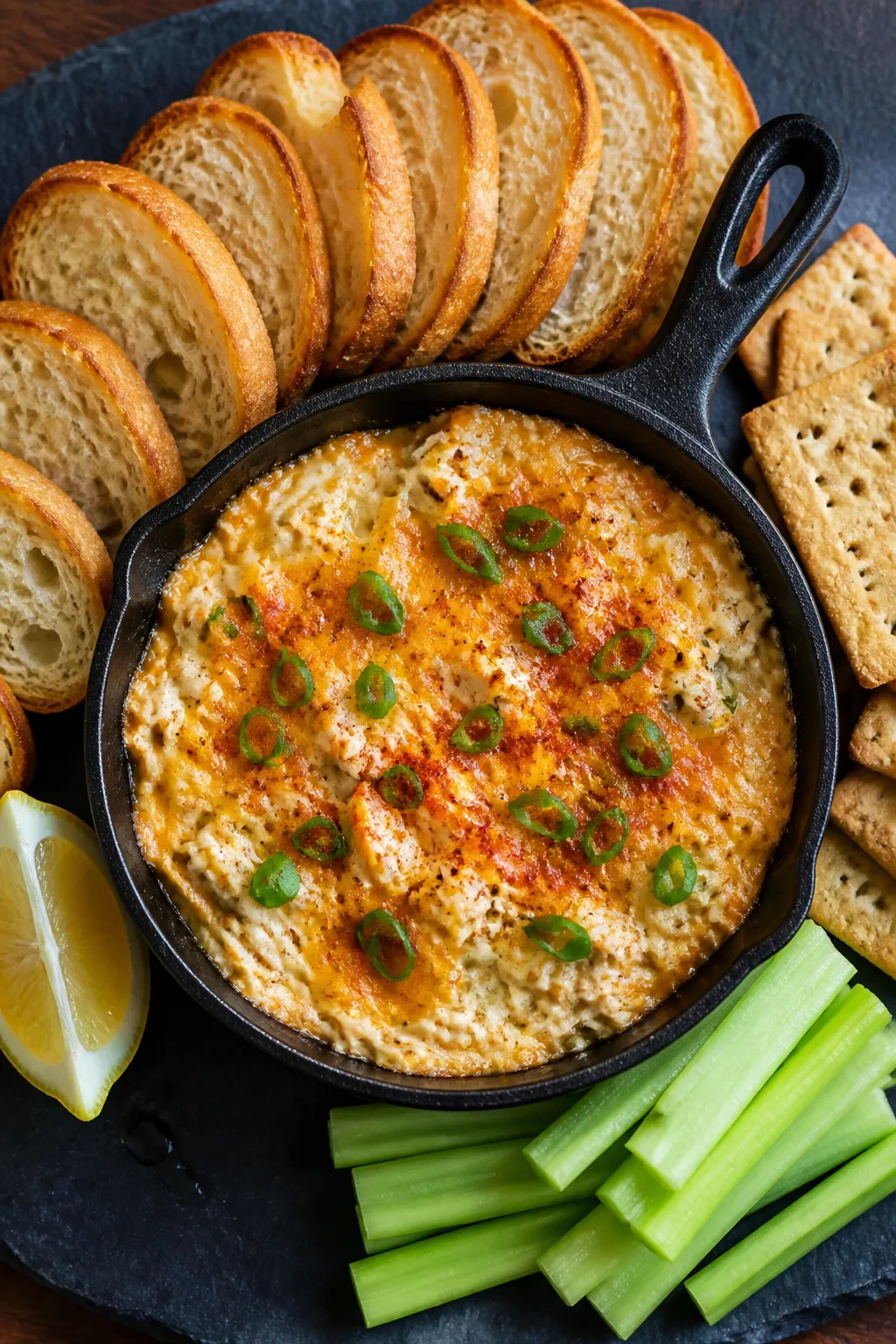 Overhead shot of freshly baked Maryland crab dip in a small cast-iron skillet, top lightly golden an