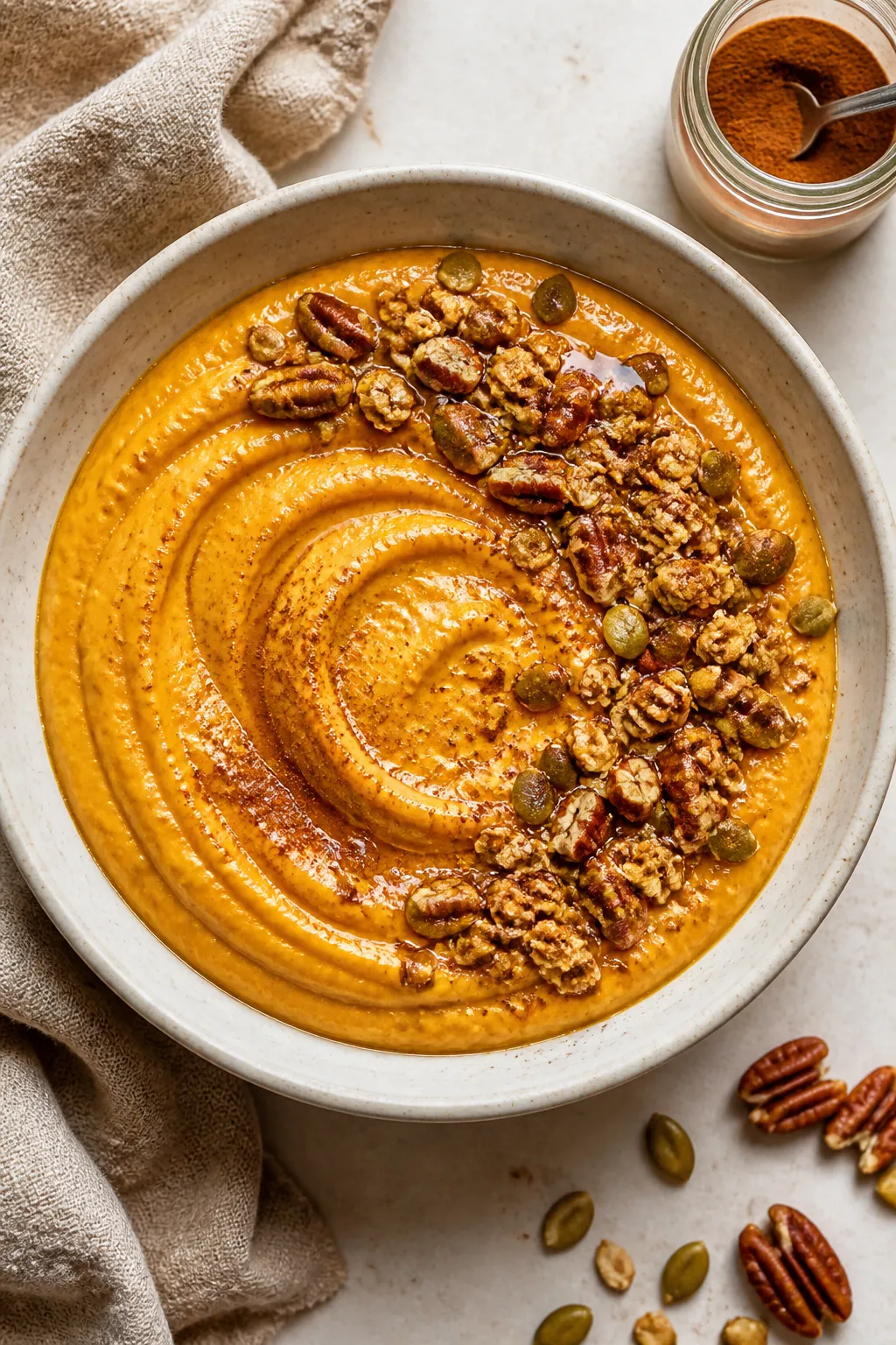 Overhead shot of the prepared Pumpkin Cottage Cheese Breakfast in a low, wide ceramic bowl: ultra-cr