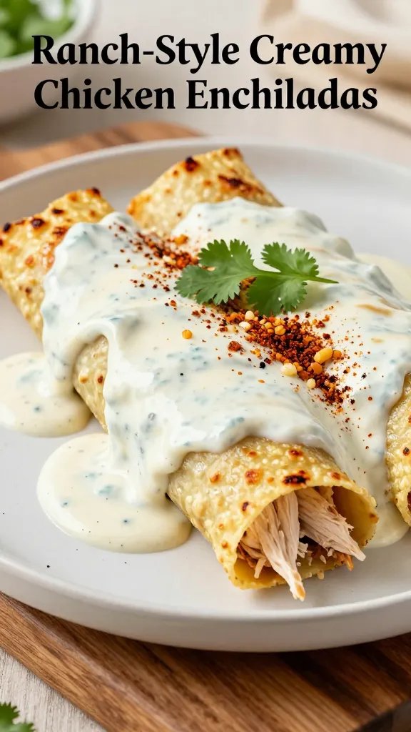 A high-resolution, realistic food photograph of a plated dish: ranch-style creamy chicken enchiladas, featuring tender shredded chicken tucked inside soft corn tortillas, all coated in a silky crema sauce with a hint of Greek yogurt, and finished under the broiler to create a bubbly, lightly browned top. The plate rests on a rustic wooden board with a warm, inviting kitchen background. Visible elements include a few rolled enchiladas lightly sliced to reveal the creamy filling, a drizzle of crema on the plate, a sprinkling of smoked paprika and minced garlic for depth, and a couple of fresh cilantro leaves as garnish. Style: bright, clean lighting with natural tones, emphasis on the creamy texture, sheen of the sauce, and golden-browned edges. Photograph should capture a sense of weeknight elegance and comforting richness, with the main subject implied by the article title "Ranch-Style Creamy Chicken Enchiladas" without any text on the image.
