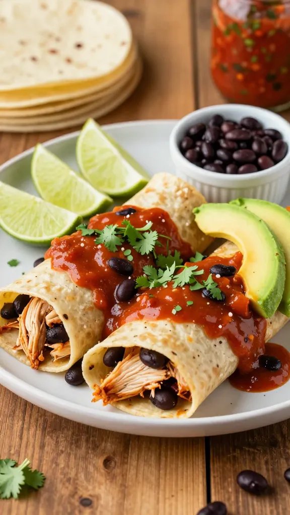 A high-resolution, realistic food photography scene depicting a plated serving of Zero-Drain Chicken Enchiladas with Black Beans. The dish should showcase neatly rolled corn tortillas filled with shredded chicken and black beans, topped with a glossy, vibrant enchilada sauce and a light sprinkle of fresh cilantro and a few avocado slices for color. Include a side of lime wedges and a small ramekin of bright black beans to emphasize the fiber boost. The plate should rest on a rustic wooden table with warm, natural lighting that highlights the textures of the tender tortillas, creamy beans, and saucy coating. In the background, subtly display a stack of corazón corn tortillas and a partially visible mason jar of salsa to imply resilience and the meal-prep concept. The main subject must be the Zero-Drain Chicken Enchiladas with Black Beans, captured as a close-up, mouth-watering shot that conveys warmth, heartiness, and balanced nutrition. No text on the image.