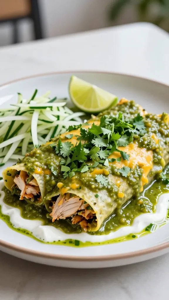 A photorealistic, high-quality image of a plated Chicken Enchiladas Verde with a sparkling cilantro lime vibe. Centered on a fresh, vibrant green tomatillo salsa coating the enchiladas, with melted cheese visible and tender chicken inside. Garnish generously with chopped cilantro and a bright lime wedge for color pop. Surround the plate with a light, crisp cucumber-onion salad on the side to provide contrast, and a subtle drizzle of Greek yogurt in the green sauce for a creamy sheen. Natural kitchen lighting, shallow depth of field to softly blur the background, and a clean, modern table setting to emphasize freshness and brightness. No text on the image.