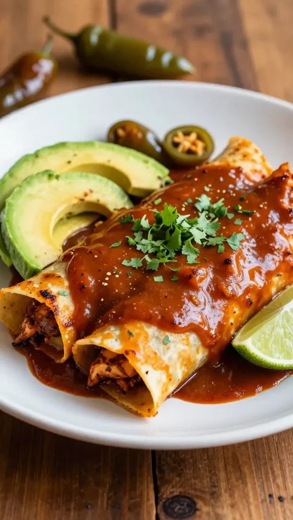 A high-resolution, realistic food photograph featuring a plated Chipotle Chicken Enchiladas with Smoky Layers. The scene shows a stack of tender rolled enchiladas smeared with a glossy, smoky chipotle sauce, sliced avocado fanned beside them for creamy contrast, and a few chipotle peppers in adobo scattered subtly in the background for depth. Garnish with a light dusting of fresh cilantro and a lime wedge on the side. The plate is set on a rustic wooden table with warm, ambient lighting that highlights caramelized edges, the rich red-brown sauce, and the creamy avocado to convey a sophisticated yet approachable weeknight dinner. No text on the image.