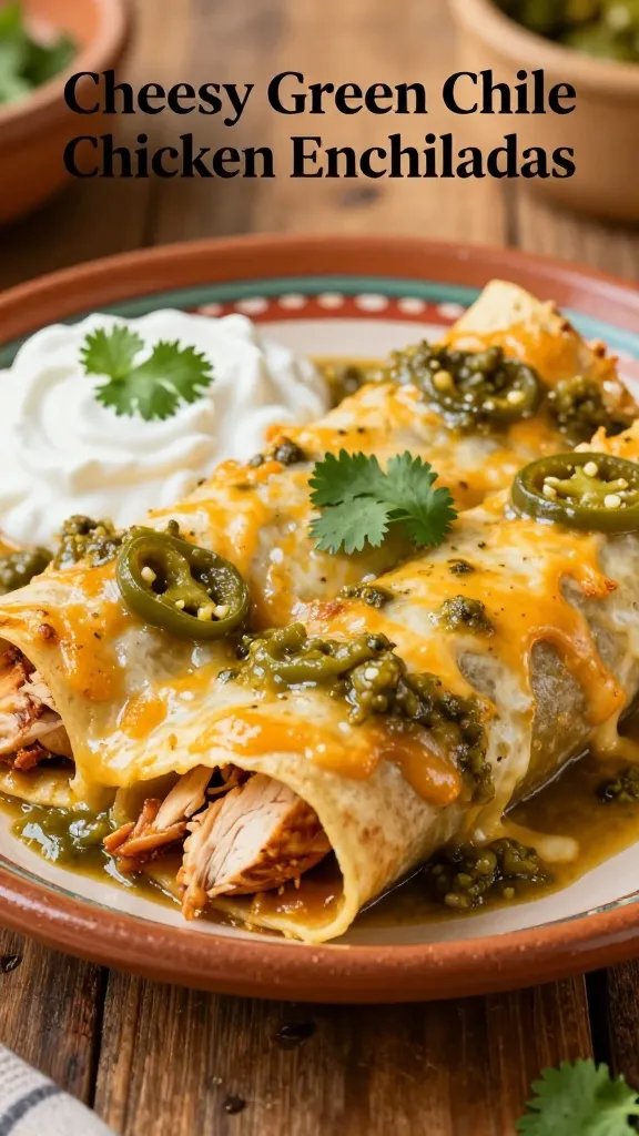 A high-quality, realistic photo of cheesy green chile chicken enchiladas on a warm Mexican-inspired plate. The scene features neatly rolled corn tortillas filled with gooey melted cheese and tender chicken, visible green chile sauce coating the top with vibrant green chilies and a glossy, inviting sheen. The enchiladas are arranged in a slightly overlapping stack, with a generous dollop of tangy yogurt on the side and a few fresh cilantro leaves for color. The background shows a softly blurred, rustic wooden table with warm lighting to emphasize the comfort-food appeal. The main subject: Cheesy Green Chile Chicken Enchiladas that sing from the article title, presented as a comforting, weeknight-friendly dish. No text on the image.