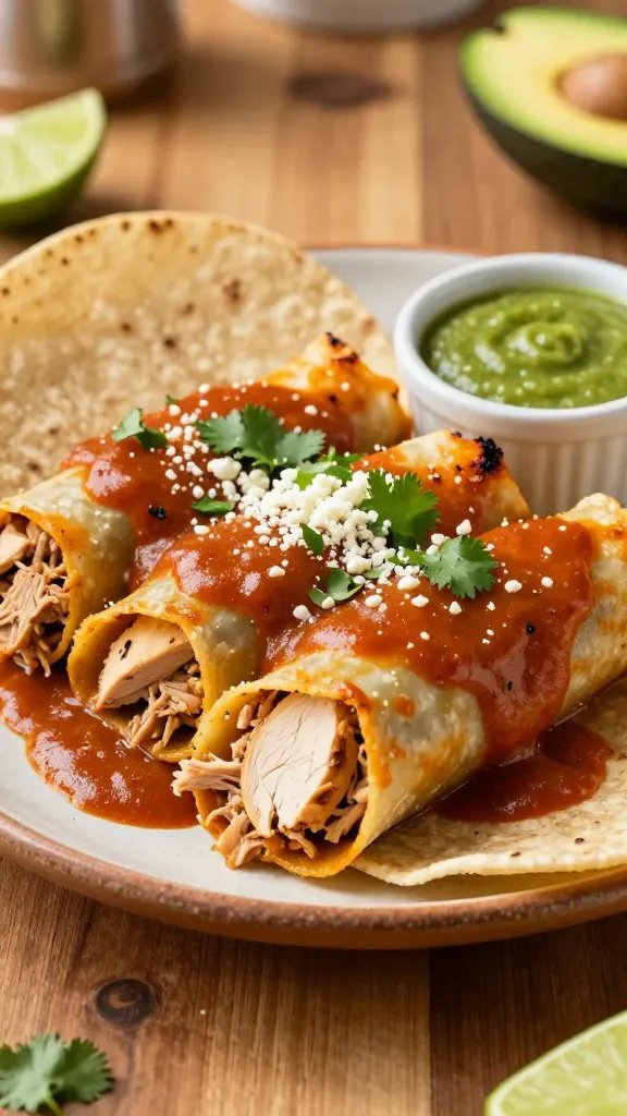 A high-resolution, realistic photo of a plated dish: lean turkey-chicken enchiladas arranged neatly on a warm, rustic ceramic plate with a rich, glossy enchilada sauce draped over the top. The enchiladas are filled with a light, textured mixture of half chicken breast and half ground turkey, visible at the open end of one enchilada, with a slight char on the edges to signal light searing. Surround the plate with a few soft corn tortillas on the side, and a small ramekin of smooth green tomatillo-enchilada sauce for contrast. Garnish subtly with a delicate sprinkle of fresh cilantro leaves and a light dusting of crumbled queso fresco. The background should be a cozy, sunlit kitchen counter with warm wood tones and a hint of a lime wedge and sliced avocado for color balance, ensuring the main subject—lean turkey chicken enchiladas—takes center stage in a vibrant, appetizing scene. Avoid any text on the image.