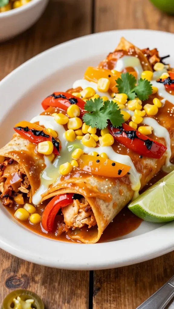 A high-resolution, realistic photograph of a plate of Fiesta-Loaded Chicken Enchiladas with Corn and Fajita Veggies as the main subject. The enchiladas are wrapped neatly in warm corn tortillas and smothered in a glossy, lightly spicy enchilada sauce, with charred grilled peppers (bell peppers in red, yellow, and orange) and sweet corn kernels visible both inside and sprinkled on top. Garnish with a light drizzle of fresh lime juice and a few sprigs of cilantro. Include a side of sliced jalapeños for a gentle heat hint and a lime wedge on the plate. The setting is a rustic ресторан-style wooden table with soft, natural lighting that highlights the textures: tender tortilla layers, crisp peppers, juicy corn, and melted cheese. The overall composition should feel vibrant and inviting, emphasizing color variety and texture, with no visible text or branding on the image.