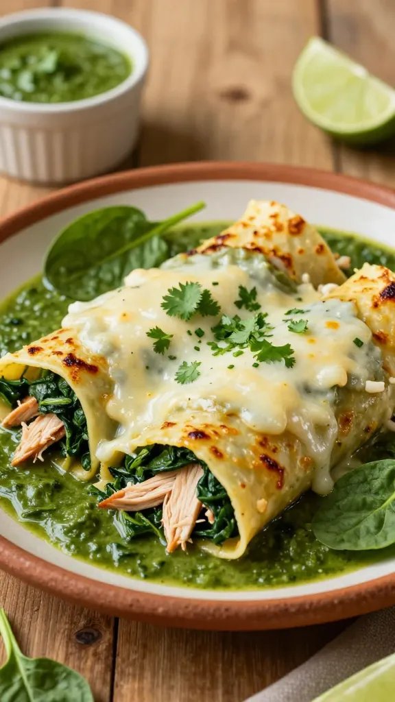 A high-resolution, realistic food photograph of a plated spinach and chicken enchilada dish for a weeknight dinner, presented on a warm, rustic Mexican-inspired plate. The scene features rolled enchiladas nestled in a shallow pool of vibrant green spinach-infused sauce, with visible layers of tender shredded chicken and wilted spinach peeking through. A light, melty cheese topping blankets the enchiladas, just barely browned for a delicate glossy finish. Garnish with fresh spinach leaves and a light scattering of chopped cilantro for color contrast. Surrounding the plate, include a softly blurred background of a cozy dinner setting with a wooden table, a small ramekin of extra green sauce, and a lime wedge for a fresh touch. The overall lighting should be natural, inviting, and slightly warm to emphasize the vibrant greens and the creamy cheese, conveying a nutritious yet comforting weeknight meal. No text on the image.