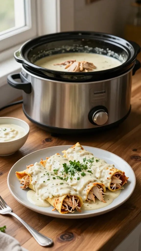 A realistic, high-quality photo of a cozy kitchen scene featuring a slow cooker on a warm, rustic wooden countertop. In the foreground, a plate of creamy chicken enchiladas, filled with shredded chicken and a smooth, creamy sauce, are neatly arranged and garnished with a light dusting of cilantro. The slow cooker is open, revealing tender chicken and a creamy sauce, with a small bowl of extra sauce and a fork resting nearby. Soft natural light pours in from a window, creating a welcoming, homey atmosphere that emphasizes hands-free, convenient weeknight cooking. No text on the image.