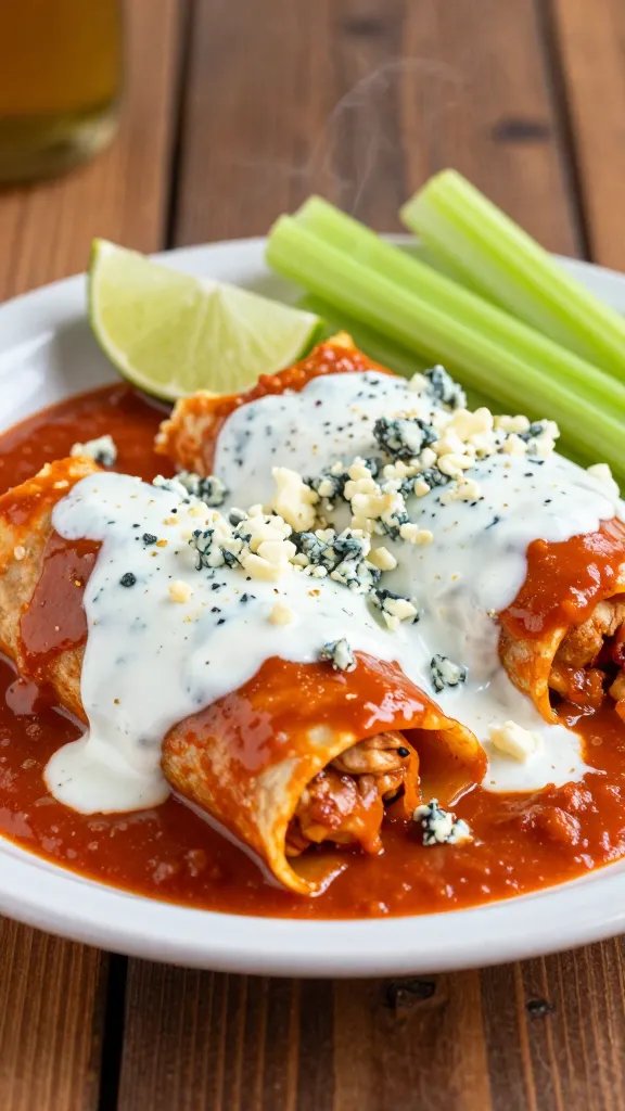 A high-quality, realistic photo of a plated Buffalo Style Chicken Enchiladas dish for game night, featuring plump enchiladas tucked in a light, glossy red buffalo sauce with a creamy yogurt-based sauce swirled subtly into the sauce. The enchiladas are topped with a sprinkle of blue cheese crumbles and a final drizzle of ranch, with a few fresh celery sticks and a lime wedge on the side for color contrast. The plate sits on a rustic wooden table with warm lighting, a slight steam rising from the hot dish, and a shallow depth of field that softly blurs the background to emphasize the main subject. The composition should convey bold, familiar flavors, a balance of heat and creaminess, and a fun, family-friendly vibe suitable for game nights. The image should be free of text.