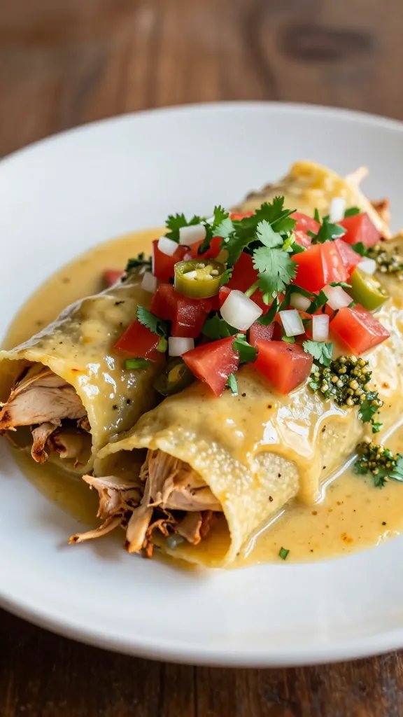 A high-quality, realistic food photograph of a plated Zesty Lime Chicken Enchiladas with Pico, styled to convey a restaurant vibe at home with minimal effort. The main subject should be a stack of tender chicken enchiladas covered in a light, citrusy sauce, topped with a vibrant pico de gallo and fresh cilantro. Include a generous, chunky pico topping visible with bright red tomatoes, white onions, green jalapeño bits, and cilantro leaves. The sauce should be light and glossy, allowing the enchiladas to look saucy but not overwhelmed. Add a garlicky, cilantro garnish on the side for aroma. Compose with warm, inviting lighting that highlights the juicy textures of the chicken and the freshness of the pico, on a clean, modern plate with a subtle rustic background to evoke a cozy, elevated home dining experience. No text on the image.