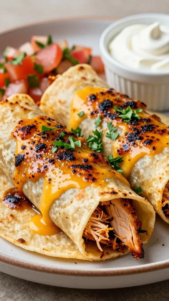 A high-resolution, photorealistic image of a plated dish featuring Blackened Garlic Chicken Enchiladas: two to three enchiladas tightly rolled and layered on a warm, lightly toasted corn tortilla base, filled with juicy shredded chicken and melted cheese, topped with a generous, glossy blackened garlic sauce glaze that has a deep, savory color. Garnish with a light sprinkle of chopped parsley for vibrant green contrast. Include a side of fresh pico de gallo and a small ramekin of sour cream in the background for depth. The scene should have warm, inviting lighting, highlighting textures: crisp edges of the tortillas, charred blackened seasoning specks on the chicken, and the creamy cheese pull. The main subject must clearly reflect the title: Blackened Garlic Chicken Enchiladas, presented as a hearty, crave-worthy main course on a rustic plate with a subtle, neutral background to keep focus on the dish. No text on the image.