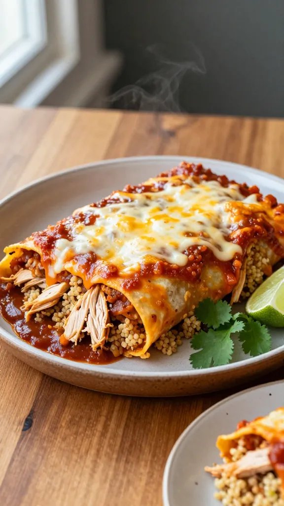 A high-quality, realistic food photography image of a plated Enchilada Bake with Chicken and Quinoa. The main subject should be a fresh, home-cooked casserole dish highlighting layered enchiladas with shredded chicken, fluffy quinoa blended into the filling, and a glossy, rich enchilada sauce. The top layer is melted cheese, slightly golden and bubbly, with a visible mix of white and red tones from the sauce and cheese. Surrounding the dish, present a light garnish of fresh cilantro leaves and a lime wedge for color contrast. Plate the bake in a rustic ceramic baking dish set on a warm wooden table, with a portion portioned onto a shallow plate to reveal the quinoa-chicken mixture inside. Include subtle steam to convey warmth, natural lighting from a window, and a simple backdrop of a dark, textured surface to emphasize the dish. No text, no branding.