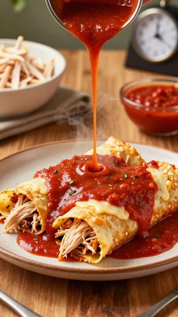 A high-resolution, realistic food photography scene featuring a pair of steaming chicken enchiladas on a warm, rustic plate, plated with generous pour of vibrant red enchilada sauce cascading over the edges. The plate rests on a wooden table with soft, natural lighting highlighting the glossy sauce, melted cheese, and tender shredded chicken visible inside. In the background, a blurred but identifiable kitchen setting with a bowl of pre-shredded chicken, a small dish of enchilada sauce, and a timer or clock hinting at 15-minute prep, conveying speed and efficiency. The overall composition emphasizes bold colors, inviting textures, and a vibe of quick, weeknight cooking without sacrificing flavor. No text on the image.