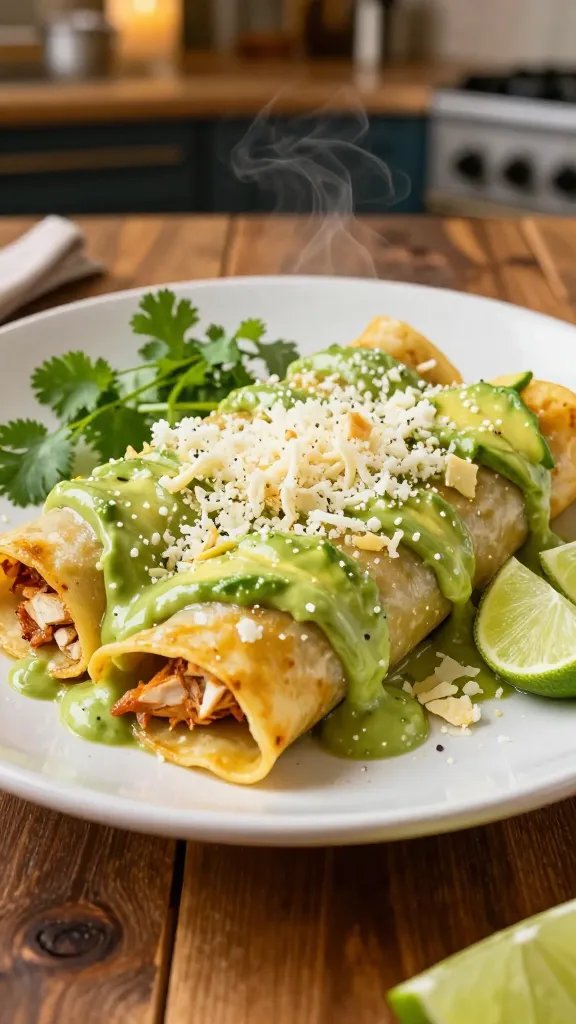 A high-resolution, photorealistic dinner scene featuring a plated serving of Fresh Avocado Chicken Enchiladas with a silky avocado crema drizzle. The plate showcases neatly rolled enchiladas topped with a vibrant avocado crema drizzle, light lime juice glistening, and a delicate crumble of light cheddar or queso fresco. Surrounding garnishes include fresh cilantro sprigs and thin lime wedges on the side. The background hints at a warm, inviting Saturday-weekend kitchen/restaurant setting with soft ambient lighting, a rustic wooden table, and subtle steam suggesting freshly warmed tortillas. The main subject should clearly convey a restaurant-flair, weekend-meal vibe, and the overall composition should look luxurious yet approachable, with rich textures: creamy drizzle, tender enchiladas, and crisp cheese crumbles. No text on the image.