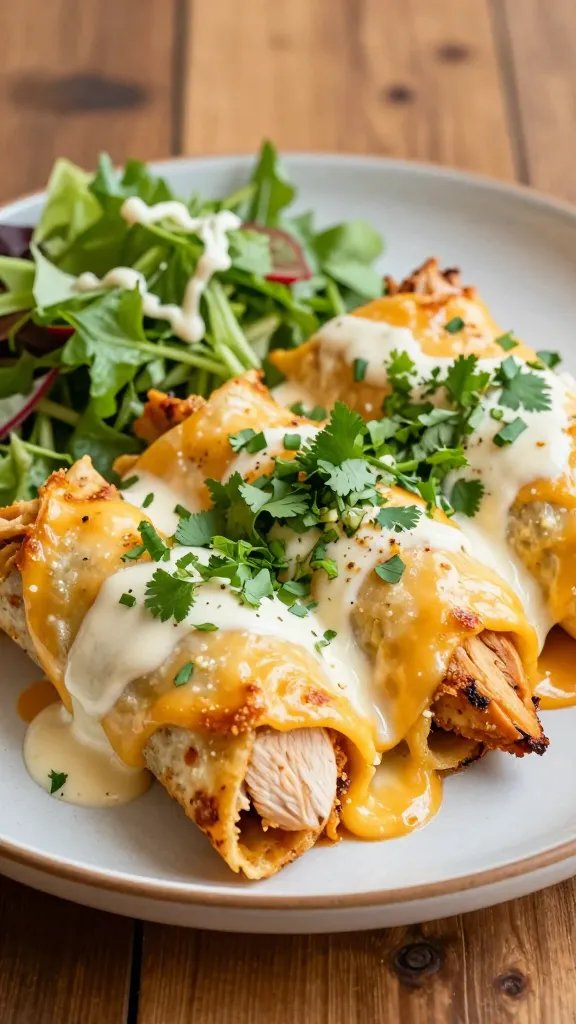 A high-resolution, realistic food photograph of "low-carb cheese lover enchiladas with chicken" on a stylish plate. The dish features rolled bundles of melted cheese wrapped around tender chicken filling, with a gooey, golden cheese shell. Surrounding elements include vibrant toppings like chopped cilantro, a light drizzle of cream sauce, and a side of fresh greens or a crisp salad to emphasize low-carb presentation. The scene is plated on a rustic wooden table with warm, natural lighting that highlights the glossy cheese, melted textures, and subtle seasoning flecks. No tortillas in sight; the focus is on the cheese-wrapped enchiladas, their glossy cheese exterior, and a visually appealing, keto-friendly presentation.