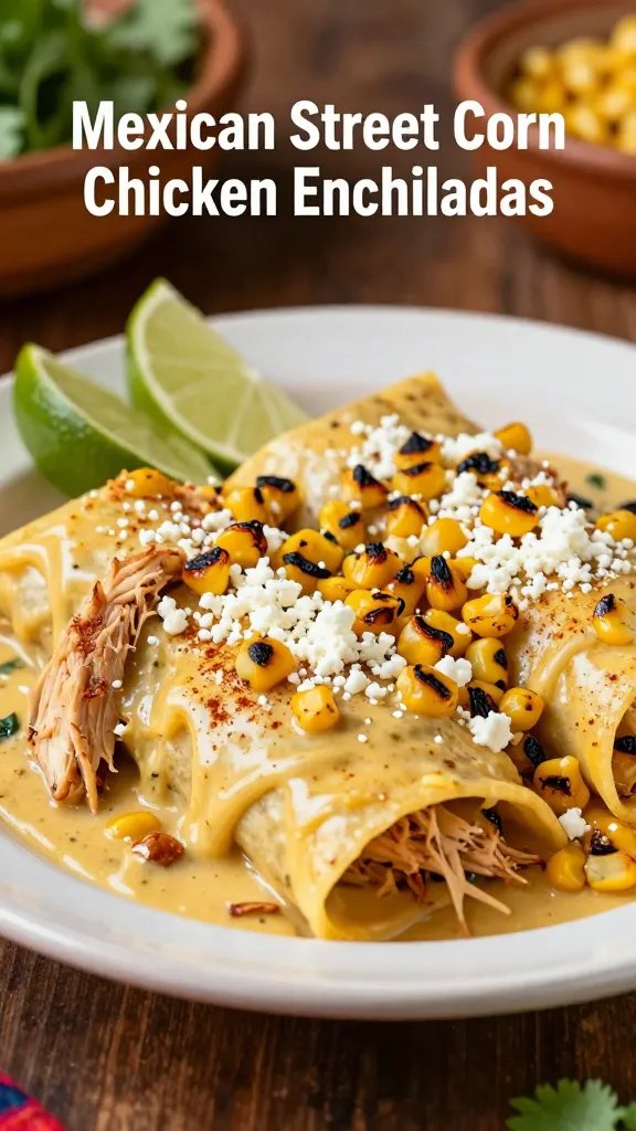 Create a realistic, high-quality photo of a plated dish titled "Mexican Street Corn Chicken Enchiladas" as the main subject. The dish features shredded chicken enchiladas smothered in a creamy, vibrant sauce with a glossy finish, topped with crumbled cotija cheese, charred corn kernels for a smoky bite, and a subtle chili powder dusting for color. Include a bright pop of lime wedges on the side for a festive touch. The plate should be styled for a showstopper presentation: warm-toned lighting, shallow depth of field to emphasize the enchiladas, and a backdrop of rustic, festive tableware (mildly blurred) that conveys a celebratory gathering vibe without text or branding on the image. The composition should highlight the main subject from the article title, with attention to textures: creamy sauce, melty cheese, charred corn, and the crisp edges of the enchiladas, all arranged neatly on a plate with a hint of cilantro garnish for color contrast.