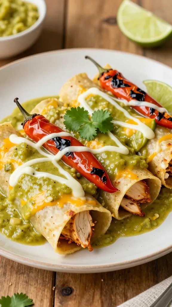 A high-quality, realistic photograph of a plated dish featuring spicy poblano chicken enchiladas as the main subject. The plate showcases tender chicken enchiladas rolled in soft corn tortillas, filled with poblano peppers and melted cheese, topped with a slightly chunky green enchilada sauce, and a bright drizzle of lime. Include roasted poblano peppers with blistered skin and a few fresh cilantro leaves for color contrast. The scene should have warm, inviting lighting that highlights the textures: the creamy sauce, the slight char on the peppers, and the glossy cheese. Plate sits on a rustic wooden table with subtle background elements like a lime wedge and a small bowl of extra sauce to imply “finish with a drizzle of lime.” No text on the image. The main subject should be clearly identifiable as the spicy poblano chicken enchiladas referenced in the title.