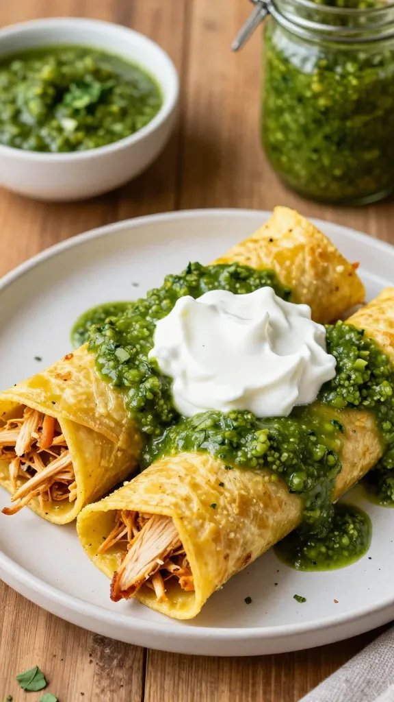 A high-resolution, realistic food photograph of Quick Shredded Chicken Enchiladas with Salsa Verde. The scene features a neatly plated plate of soft, shredded chicken enchiladas rolled in warm corn tortillas, generously coated with vibrant green salsa verde, with a dollop of creamy Greek yogurt perched on top or alongside for a cool contrast. The plate sits on a rustic wooden table with natural lighting highlighting the glossy enchiladas and fresh herbs sprinkled around. In the background, a small dish of extra salsa verde and a jar labeled salsa verde sits to imply quick, convenient preparation. The main subject is clearly the enchiladas from the article title, presented in an appetizing, homey style suitable for a weekly meal feature. No text or branding on the image.