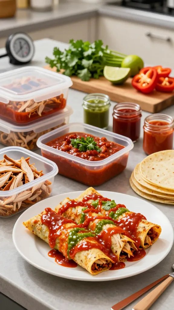 A vibrant, high-resolution kitchen scene featuring a prepared meal-prep spread centered on a stack of colorful chicken enchiladas on a glossy white plate, surrounded by neatly labeled meal prep containers, shredded chicken bowls, and small glass jars of sauces. The backdrop includes a wooden cutting board with fresh cilantro, lime wedges, and diced peppers, with warm ambient lighting highlighting glossy enchiladas drizzled in rich red and green enchilada sauces. A neatly organized countertop shows a thermometer, a measuring cup, and a reusable silicone mat. The scene conveys planning, bulk cooking, and efficient meal prep for the week, with a subtle, soft-focus background suggesting a tidy, modern kitchen environment. Realistic textures: glossy enchilada sauce coats, tender shredded chicken, corn tortillas visible at the edges, and crisp vegetables for color contrast. No text on the image.