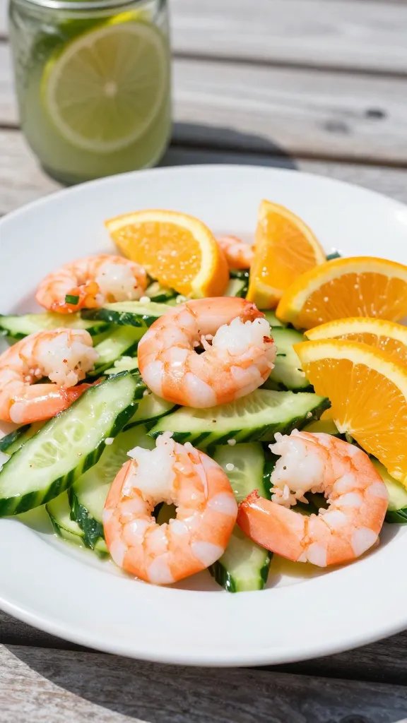 A high-resolution, photorealistic image of a vibrant cucumber shrimp salad served on a pristine white plate. The main subject is a scattering of pink peeled shrimp with tails removed, nestled among crisp cucumber ribbons and diced cucumber. Bright orange segments are artfully arranged to add a citrus pop, with a limey dressing lightly glistening over the ingredients. The cucumber stays visibly crisp and fresh, with a cool, refreshing color palette of emerald greens, pale orange, and pink shrimp. The setting is a sunlit picnic table with a subtle mason jar in the background to nod to the travel-friendly option, and a shallow depth of field keeping the focus on the plate for a bold, mouth-watering, restaurant-quality presentation. No text on the image.