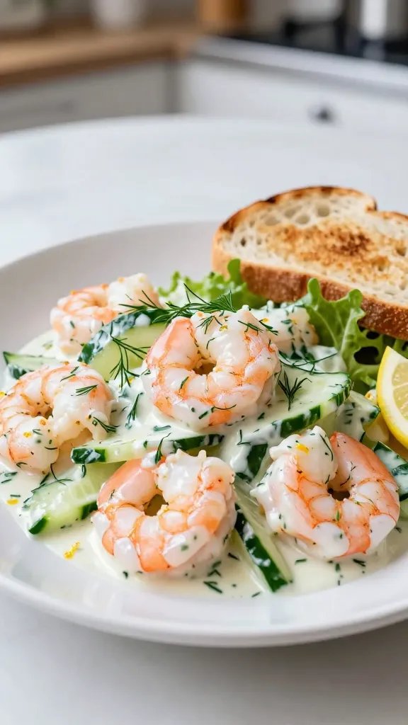 Create a high-resolution, photorealistic image of a creamy garlic dill shrimp salad as the main subject, presented in a modern, light-filled kitchen setting. Feature plump, pink shrimp tossed with crisp cucumber ribbons and a smooth, creamy dill-garlic dressing visible in a glossy coating. Garnish with finely chopped dill and a subtle zest of lemon around the plate for bright accents. Include a slice of rustic toasted bread or a small, elegant green salad on the side to suggest serving on toast or atop greens. Use natural lighting to highlight the creamy texture, the juicy shrimp, and the refreshing crunch of cucumber, with a clean white plate and minimal, unobtrusive background to emphasize the dish as the focal point. No text on the image.