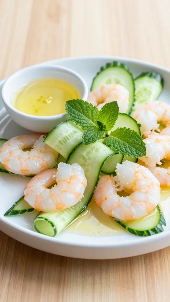 A high-resolution, realistic photo of a refreshing Minty Cucumber Shrimp Soiree dish, plated elegantly on a light wooden table. The center features translucent, chilled shrimp arranged around crisp cucumber ribbons and thin mint leaves, with a delicate, pale lemon vinaigrette glaze shimmering over the ingredients. A small, stylish bowl of extra vinaigrette sits nearby. Garnish with fresh mint sprigs and ultra-thin cucumber slices for a spa-like, cooling vibe. Soft natural lighting highlights the dewy freshness of the shrimp and the bright greens of the mint, with a subtle shallow depth of field that keeps the main subject crisp while creating a gentle, airy background. No text, contemporary presentation, mouth-watering realism.