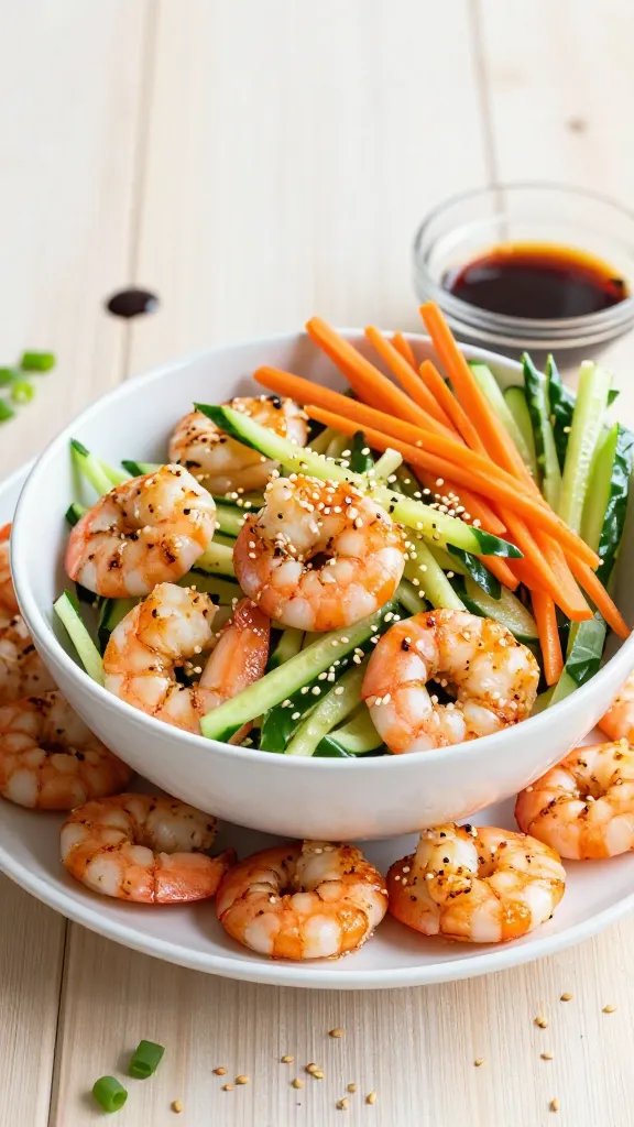 A high-resolution, realistic food photography scene featuring a vibrant Sesame Ginger Shrimp Cucumber Crunch bowl as the main subject. Centered is a glossy white ceramic bowl brimming with freshly tossed shrimp, cucumber ribbons, and crisp carrot shreds, all lightly coated in a sesame-ginger glaze with sesame seeds scattered on top. Surrounding the bowl, display a generous pile of perfectly seared shrimp with a subtle caramelized edge, thin cucumber ribbons, and a few bright chopped scallions for color. In the background, include a small drizzle of soy sauce and a splash of rice vinegar in a tiny glass dish to hint at depth and brightness. Scatter toasted sesame seeds across the surface for texture. Plate on a clean, light wooden table with a soft, natural light source from the side to create gentle shadows and a fresh, summery, Asian-inspired vibe that emphasizes crisp textures, balanced flavors, and a quick, elegant toss. Ensure the main subject is the shrimp cucumber crunch described in the heading, with no text on the image.