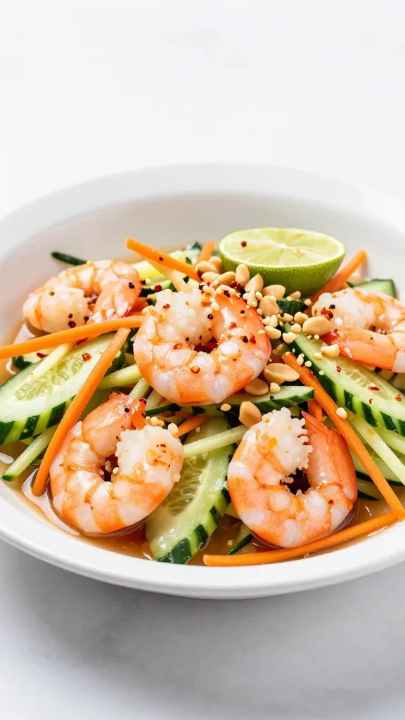 Create a high-resolution, realistic food photograph featuring a vibrant Thai-Style Cucumber Shrimp Salad as the main subject. Plate a bright, sunlit bowl of shrimp tossed with thinly sliced cucumbers, shredded carrot for color, and a glossy lime-fish sauce dressing that hints at citrus and a whisper of chili. Scatter chili flakes for a subtle kick and crushed peanuts for crunch over the top. Emphasize fresh, crisp textures: glistening shrimp, crisp cucumber ribbons, and the colorful orange carrot shreds. Use a clean, light background with soft natural lighting to evoke a summery, restaurant-quality presentation, shot at a slight angle to showcase the depth of the bowl and the arrangement of ingredients, with minimal shadows and no visible text.