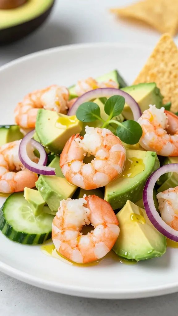 A realistic high-quality food photograph featuring a vibrant Avocado Cucumber Shrimp Salad as the main subject. A pristine white plate holds a lush mound of shrimp, pink and curled, nestled with creamy avocado cubes and crisp cucumber slices. Thin rings of red onion add a pop of color and sharpness, while a light lemon juice glaze gives a fresh sheen. Garnish with a delicate drizzle of olive oil and a few microgreens for brightness. The background is softly blurred to emphasize the texture of the shrimp, avocado, and cucumber, with a hint of crunchy tortilla chips on the side. Natural, bright summer lighting to convey a clean, summery, indulgent yet fresh vibe, no text on the image.
