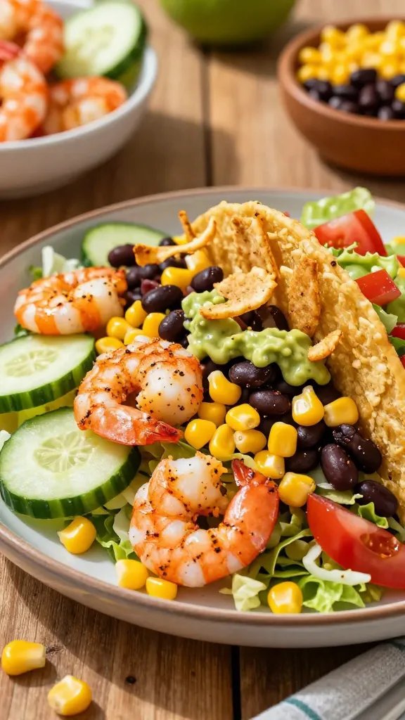 A high-resolution, realistic photorealistic image of a vibrant Southwest Cucumber Shrimp Taco Salad in a rustic, sunlit kitchen setting. The main subject should be the plated taco salad centerpiece: a generous bowl or plate featuring fresh cucumber ribbons, plump shrimp seasoned with Cajun or chili spice, bright yellow corn kernels, black beans, and crunchy crumbled crispy tortilla strips scattered on top. Include shredded lettuce, diced tomatoes, and a dollop of creamy avocado-lime dressing. The scene should convey Tex-Mex vibes with bold colors: emerald cucumbers, ruby shrimp, golden corn, and deep black beans, all arranged to look inviting and crave-worthy. Use natural light to enhance textures—the crunch of tortilla strips, the juiciness of the shrimp, and the freshness of the cucumbers. A subtle backdrop of a wooden table and a few bowls of ingredients (shrimp, cucumber slices, corn and beans) may be in the background but not distract from the main subject. No text on the image.