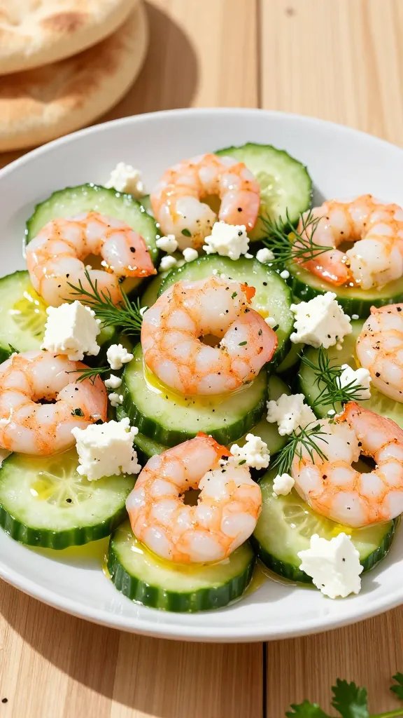 A high-resolution, realistic food photograph featuring a vibrant cucumber salad with shrimp and crumbled feta as the main subject. Centerpiece includes crisp cucumber slices tossed with plump pink shrimp, generously sprinkled with crumbled feta that stands out with creamy white richness. Garnish with fresh herbs (dill and parsley) for a bright, herbaceous note. A light drizzle of golden olive oil catches the light, with cracked black pepper visible to wake flavors. Plate sits on a sunlit wooden table near warm pita wedges, suggesting a sunny vacation vibe. Colors: fresh greens, pale pink shrimp, bright white feta, and golden oil; overall composition is clean, inviting, and summery, without any text on the image.