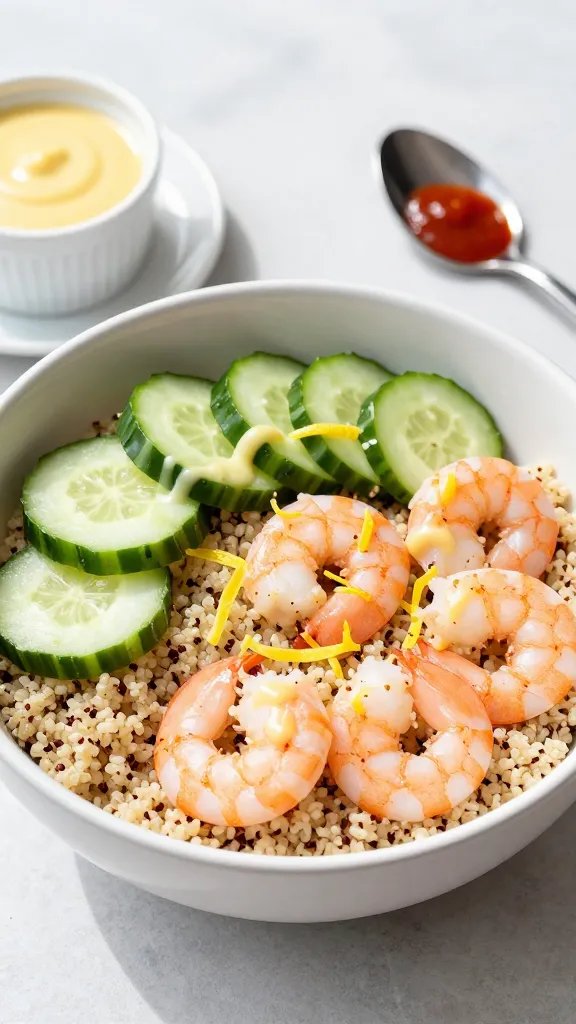 A high-quality, realistic food photography scene of a vibrant Cucumber, Shrimp, and Quinoa Power Bowl. In a shallow, wide white ceramic bowl, arrange fluffy quinoa as the base, topped with neatly sliced crisp cucumber rounds, and plump pink shrimp scattered throughout. Garnish with a light drizzle of lemon garlic dressing over the top and a few lemon zest shavings. Include a small side ramekin of extra lemon dressing and a tiny spoon with a dash of hot sauce on the saucer for a hint of spice. The background should be a clean, light surface with natural morning light casting gentle shadows to highlight the textures of the quinoa, cucumber, and shrimp. The main subject should be clearly the power bowl, conveying a wholesome, protein-packed meal prep vibe. No text on the image.