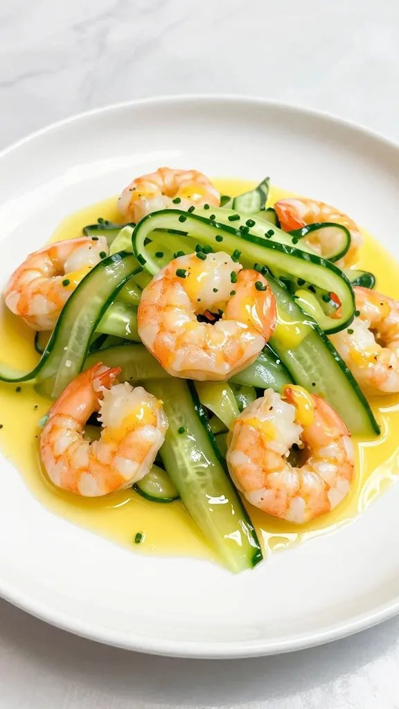 A realistic high-quality photograph of a plated Chardonnay Lemon Shrimp Cucumber Salad as the main subject, featuring plump pink shrimp, thin cucumber ribbons, and bright yellow-gold Chardonnay lemon dressing glistening over crisp greens. The composition includes delicate chives finely chopped as a fragrant garnish, and a few translucent, shimmering cucumber ribbons curling artfully around the plate. Use bright, summery lighting to highlight the freshness and subtle acidity, with a clean white plate on a light, airy tabletop. Include a small drizzle of white wine vinegar or a splash of Chardonnay lightly visible in the dressing for nuance, and ensure the dish looks elegant enough to be a classy side or light main on hot days. No text on the image.