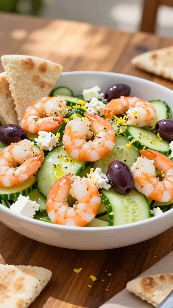 A realistic, high-quality photo of a Mediterranean cucumber shrimp salad bowl arranged on a sunlit wooden table. The main subject is a vibrant salad featuring plump pink shrimp, cucumber ribbons, crumbled feta, and glossy Kalamata olives, scattered with dried oregano and lemon zest shavings. Include a light olive oil sheen on the salad, with a few crisp pita wedges partially visible at the edge of the frame and a soft-focus background suggesting a warm, sunlit outdoor dining scene. The color palette should be fresh greens, white feta, deep purple olives, and golden shrimp, conveying a bright, summery Mediterranean vibe without any text on the image.