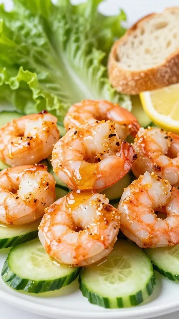 A high-resolution, realistic food photography scene featuring a main subject of Honey Mustard Shrimp Cucumber Crunch: juicy pink shrimp coated with a glossy honey mustard glaze, arranged atop crisp, thinly julienned cucumber ribbons. Include a drizzle of honey mustard glaze over the shrimp for a natural sheen, with a bright, fresh backdrop of mixed lettuce leaves and a small crusty bread roll and a few lemon wedges in the background to suggest serving options. Use natural lighting to highlight textures: the sticky glaze on the shrimp, the crisp crunch of cucumber, and the tender bite of the shrimp. Emphasize warm honey tones and the golden-brown edges of lightly seared shrimp, with a shallow depth of field to keep the shrimp and cucumber in sharp focus while softly blurring the surrounding greens and bread. No text.