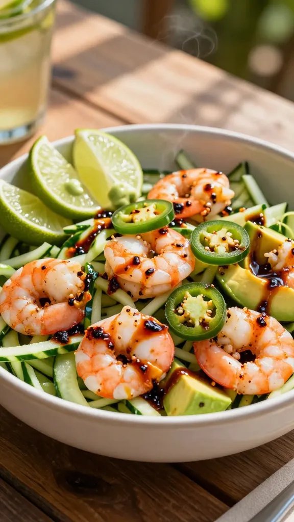 Create a realistic, high-quality photo of a vibrant Spicy Chipotle Lime Cucumber Shrimp Salad bowl as the main subject, presented on a rustic wooden table under natural sunlight. The bowl should be filled with crisp cucumber ribbons, plump pink shrimp, and avocado chunks, accented with thin slices of jalapeño and a drizzle of charred, smoky chipotle-lime dressing. Highlight fresh lime wedges and a scoop of lime-green avocado cream on the side to convey extra zing. Ensure the chipotle in adobo elements are visible as a glossy, smoky sauce coating the shrimp and cucumbers. The color palette should emphasize bright greens, fiery reds, and warm browns, with steam or condensation suggesting freshness. Include a blurred, sunlit background of a summer outdoor setting and subtle hints of a cold beverage glass nearby to imply a refreshing pairing. No text on the image.