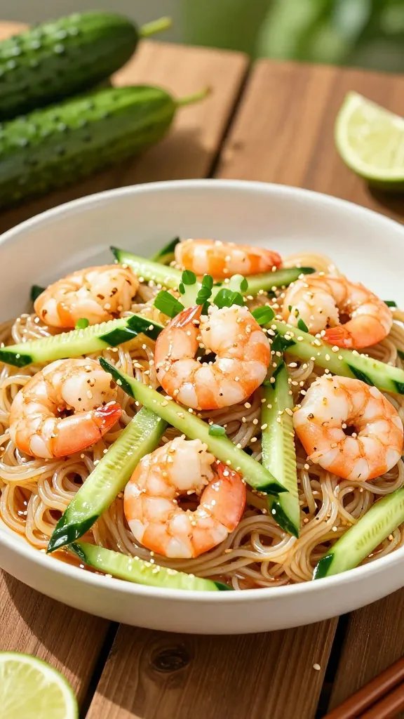 A vibrant, high-resolution photo of a sesame cucumber shrimp noodle salad served in a wide, lightly colored ceramic bowl set on a wooden picnic table. The dish features glossy rice noodles intertwined with crisp cucumber ribbons, succulent pink shrimp, and a sprinkling of chopped scallions. A subtle sheen of sesame oil-based dressing coats the noodles, with sesame seeds scattered for texture. The background includes soft summer lighting, a few fresh cucumbers and lime wedges at the edge of the table, and a blurred, sunlit outdoor setting to evoke a potluck or picnic mood. The composition emphasizes freshness, lightness, and a playful noodle twist, with realistic textures: glistening noodles, crunchy cucumbers, tender shrimp, and the warm tones of sesame dressing. No text present in the image.