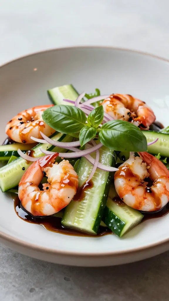 A high-resolution, photorealistic food image featuring a beautifully plated balsamic glazed cucumber shrimp salad. Center the composition on a shallow, glossy bowl or plate with crisp, emerald cucumber ribbons, plump pink shrimp glazed in a deep, shiny balsamic glaze, and a vibrant drizzle creating an appealing sheen. Garnish with fresh basil leaves and ultra-thin ribbons of red onion for delicate color contrast, scattered over a bed of crisp greens. Include a light, glossy glaze pooling at the edges and a subtle reflective surface to enhance the luxurious, restaurant-quality presentation. Ambient, natural lighting highlights the glossy glaze, the translucence of cucumber, and the freshness of herbs, with a neutral, softly blurred background suggesting a clean, modern dining setting. The image should convey a complete, elegant summer meal featuring the main subject from the article title: balsamic glazed cucumber shrimp salad. No text on the image.